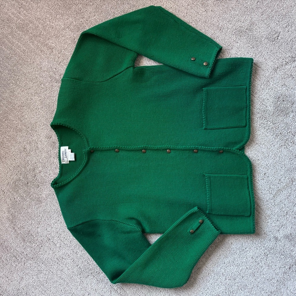 Vintage 90s Green Cardigan Sweater Shoulder Pads Button Front L - Picture 10 of 13